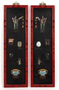 Pair of Chinese Hardstone-Inlaid Hanging Panels, "Hundred Antiques" (Bogu)