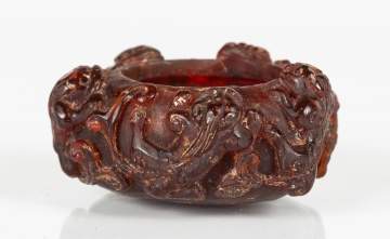 Chinese Carved Amber Brush Pot with Beasts