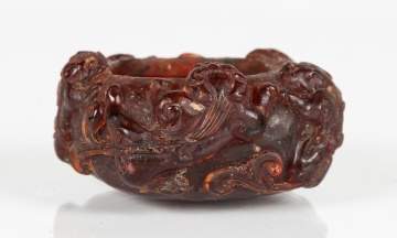 Chinese Carved Amber Brush Pot with Beasts