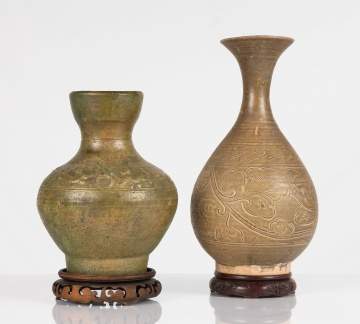 Two Chinese Glazed Pottery Vases on Stands