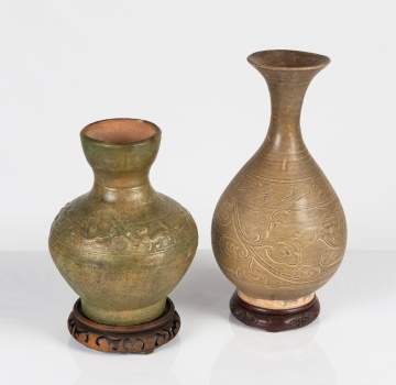 Two Chinese Glazed Pottery Vases on Stands