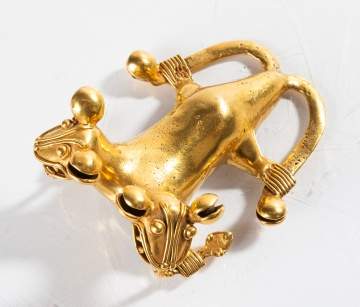 Greater Chiriqui Approx. 16K Gold Effigy Rattle Pendant of Zoomorphs