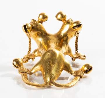 Greater Chiriqui Approx. 16K Gold Effigy Rattle Pendant of Zoomorphs