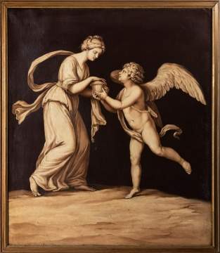 Italian School, Neoclassical Grisaille Painting of Cupid & Maiden