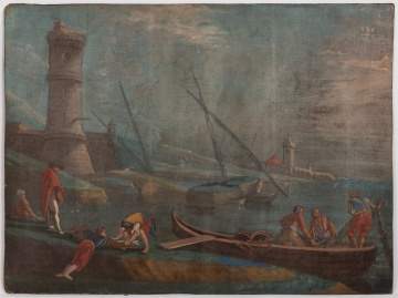 Italian School, Mediterranean Harbor Scene with a Lighthouse and Fisherman