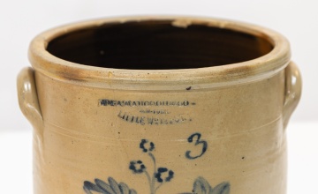 Wm. A. Macquoid & Co., New York, Three-Gallon Stoneware Crock with Hand Holding Flowers