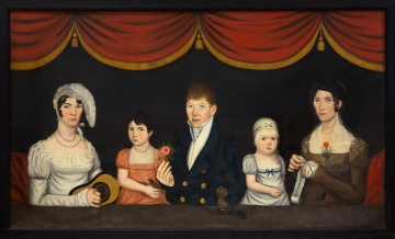 Attributed to the Baltimore School, Family Portrait of Five with Guitar and Needlework before a Red Drape