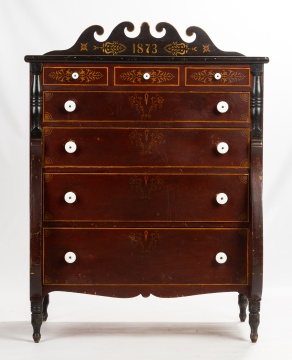 Soap Hollow Painted and Stenciled Cherry and Pine Tall Chest of Drawers, Dated 1874