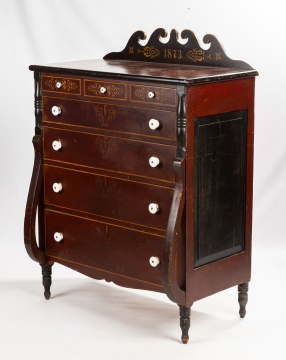 Soap Hollow Painted and Stenciled Cherry and Pine Tall Chest of Drawers, Dated 1874