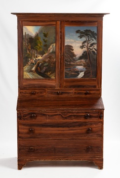 Rare Grain-Painted Secretary with Landscape-Painted Doors, New York or Vermont