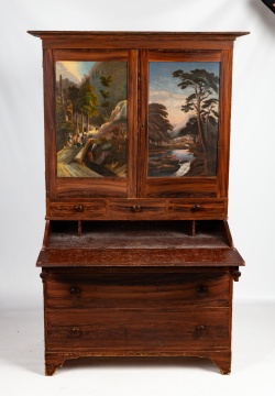 Rare Grain-Painted Secretary with Landscape-Painted Doors, New York or Vermont