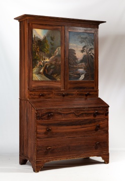 Rare Grain-Painted Secretary with Landscape-Painted Doors, New York or Vermont