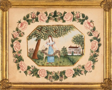 Fine & Rare American Schoolgirl Watercolor, Young Girl with a Lamb in a Landscape, Probably Connecticut, Circa 1820-1831