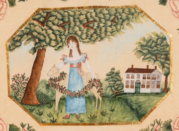 Fine & Rare American Schoolgirl Watercolor, Young Girl with a Lamb in a Landscape, Probably Connecticut, Circa 1820-1831