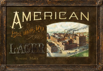 American Brewing Co., Boston, Reverse-Painted Glass Advertising Sign with Oil View of the Brewery, Dated 1905