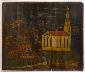 Painted and Stenciled Fireboard with Church, Hunter and Eagle, Gabriel Houston House, Sussex County, New Jersey, Circa 1831
