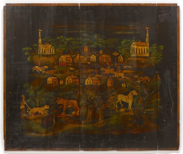 Painted and Stenciled Fireboard with Village, Exotic Animals and Indian Hunter, Gabriel Houston House, Sussex County, New Jersey, Circa 1831