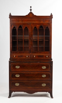 Diminutive Federal Inlaid Mahogany Secretary Bookcase