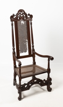 William and Mary Carved Walnut Caned Armchair