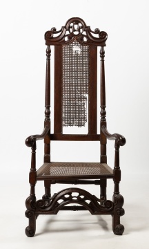 William and Mary Carved Walnut Caned Armchair