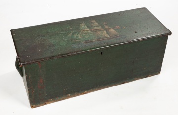 Green-Painted Six-Board Sea Chest with Ship Decoration