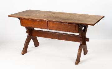 Pennsylvania Pine Two-Drawer Sawbuck Table, Possibly Lancaster County
