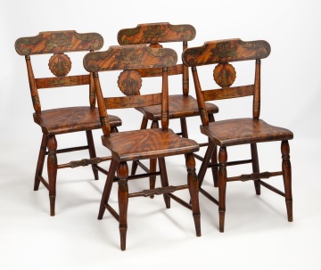 Set of Four Pennsylvania Paint-Decorated Plank-Seat Side Chairs