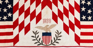 Fine Pieced and Appliqued Patriotic Quilt with Eagles, Shields and Flags, Dated 1898