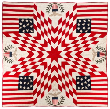 Fine Pieced and Appliqued Patriotic Quilt with Eagles, Shields and Flags, Dated 1898