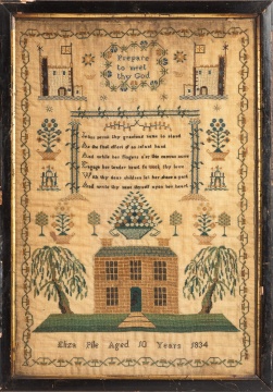 Eliza Pile, Aged 10 Years, 1834: Needlework Sampler with Brick House and Willows