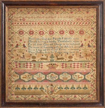 J. Read, 1796: Band Sampler with Verse, Deer, Birds and Adam and Eve