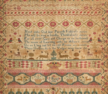 J. Read, 1796: Band Sampler with Verse, Deer, Birds and Adam and Eve