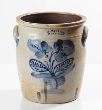 J. Mantell, Penn Yan, Three-Gallon Stoneware Crock with Cobalt Flower
