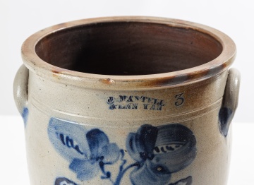 J. Mantell, Penn Yan, Three-Gallon Stoneware Crock with Cobalt Flower