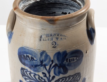 J. Mantell, Penn Yan, Two-Gallon Stoneware Crock with Cobalt Flower