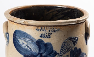 J. Mantell, Penn Yan, Six-Gallon Stoneware Crock with Cobalt Flowers