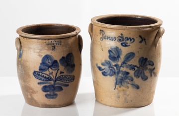 Two Penn Yan Stoneware Crocks: J. Mantell Three-Gallon and a Four-Gallon Script Example