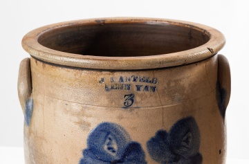 Two Penn Yan Stoneware Crocks: J. Mantell Three-Gallon and a Four-Gallon Script Example
