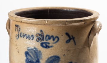 Two Penn Yan Stoneware Crocks: J. Mantell Three-Gallon and a Four-Gallon Script Example