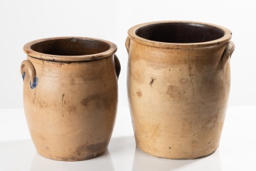 Two Penn Yan Stoneware Crocks: J. Mantell Three-Gallon and a Four-Gallon Script Example