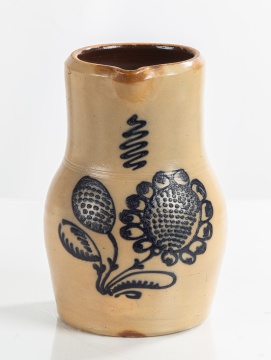 Stoneware Pitcher with Slip-Trailed Cobalt Sunflower, New York State