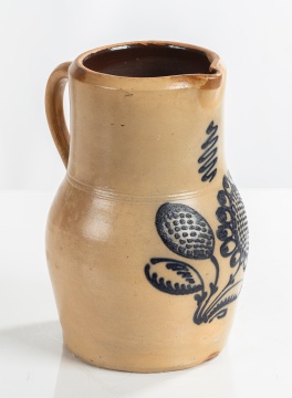 Stoneware Pitcher with Slip-Trailed Cobalt Sunflower, New York State