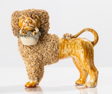Bennington Flint Enamel Standing Poodle with Basket, Lyman, Fenton & Co.