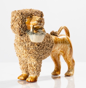 Bennington Flint Enamel Standing Poodle with Basket, Lyman, Fenton & Co.