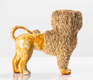 Bennington Flint Enamel Standing Poodle with Basket, Lyman, Fenton & Co.