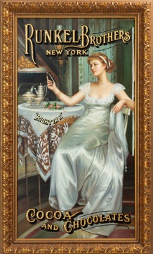 Runkel Brothers 'Right In It' Cocoa and Chocolates Reverse-Painted Glass Advertising Sign