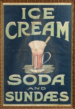 'Ice Cream Soda and Sundaes' Chromolithograph Soda Fountain Sign, Saalfield Publishing, Akron, 1910