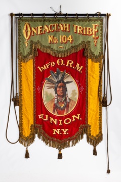 Improved Order of Red Men, Oneactah Tribe No. 104, Union, N.Y., Painted Silk Parade Banner by Wm. H. Horstmann Co., 1906, with Lodge Ledger