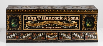 John T. Hancock & Sons, Dubuque, Iowa, Painted and Stenciled Tin Seven-Compartment Country Store Spice Bin