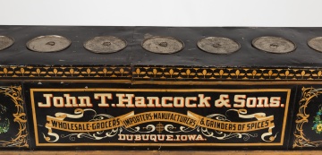 John T. Hancock & Sons, Dubuque, Iowa, Painted and Stenciled Tin Seven-Compartment Country Store Spice Bin